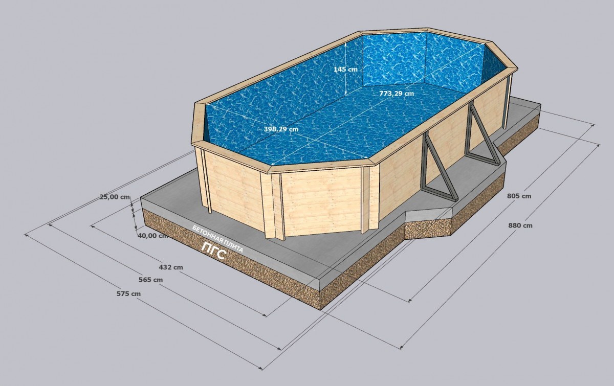 Деревянный сборный бассейн 770 х 400 см "Байкал-3" от Кристалл глубиной 130 см, овальный морозоустойчивый